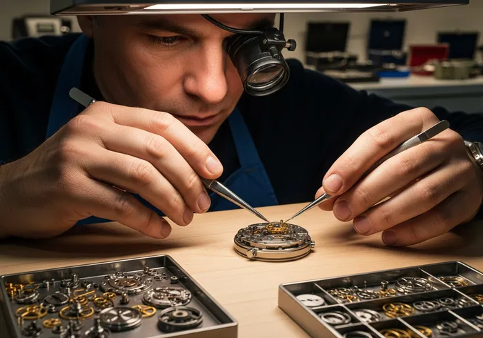 Expert watchmaker repairing a luxury timepiece at Edward Jewels & Watches